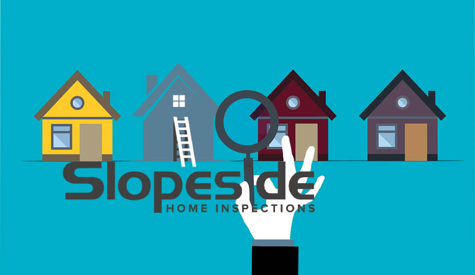 Image presents the picture of a row of homes beneath a magnifying glass with the Slopeside Home Inspections logo incorporated to present the idea that Slopeside Home Inspections performs home inspections for Washington state realtors and their buyer and seller clients.